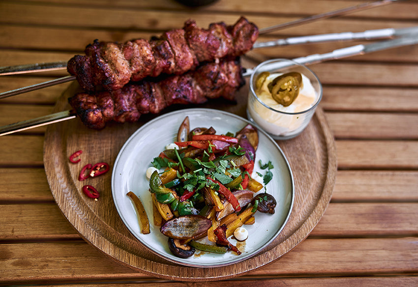Asian vegetables with skewered pork & jalapeño mayonnaise